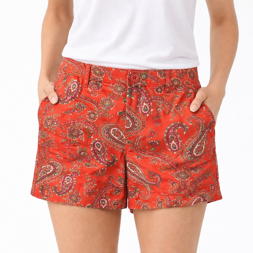 Tommy Hilfiger Orange Paisley Print Short With Pockets Women 100% Cotton Size 6